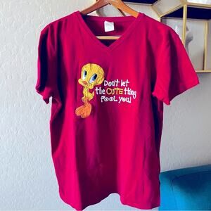 Warner Bros Studios vneck Tweety Bird cartoon embroidered oversized shirt Small